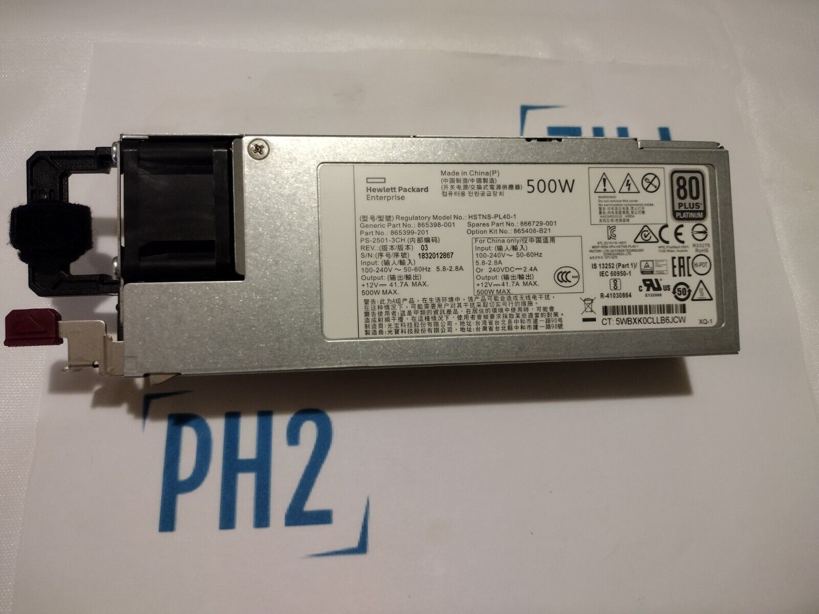 HPE 865408-B21 865399-001 866729-001 500W PLATINUM POWER SUPPLY KIT For G9-G10