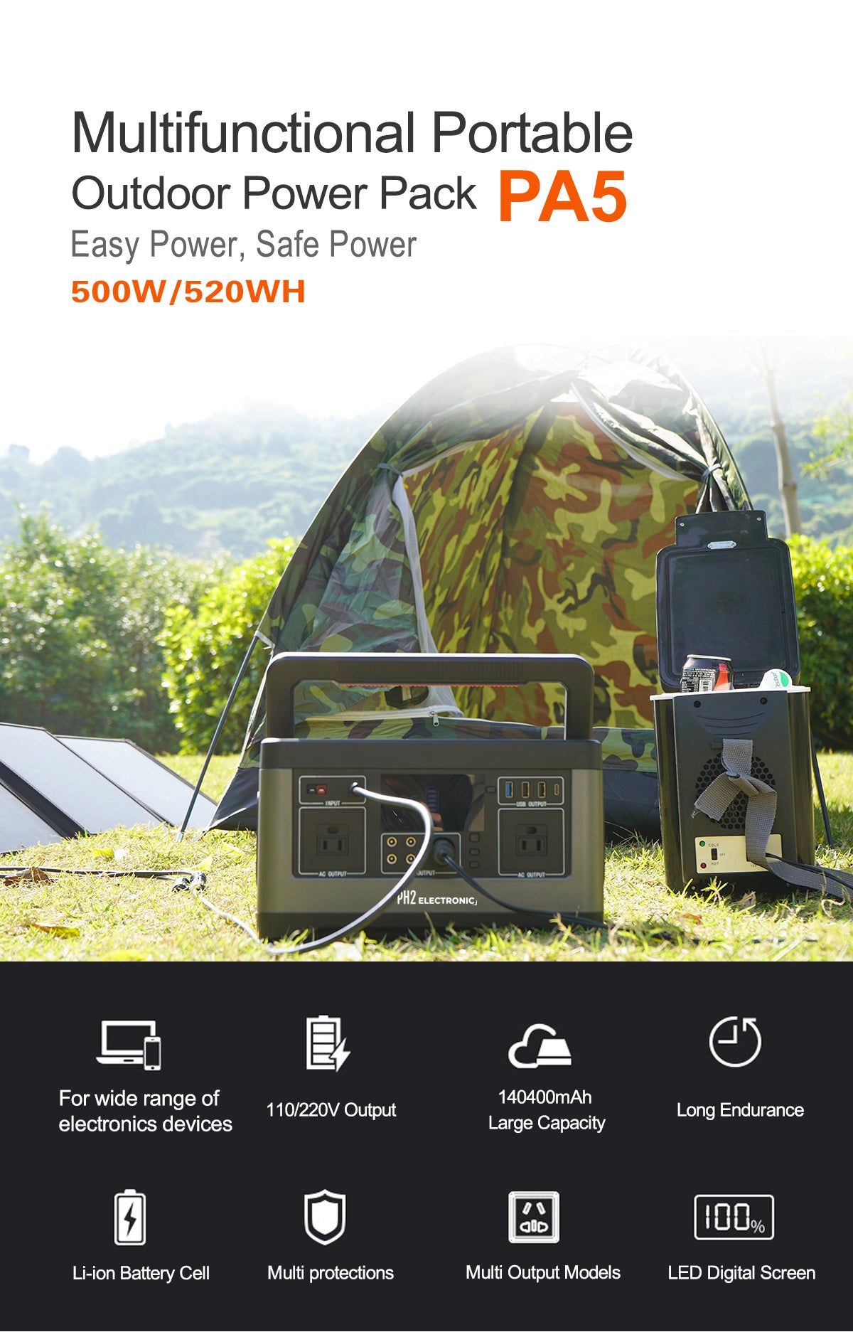 PA5 500W 140400mAh /3.7V/520Wh Portable Power Station Rechargeable Lithium ion battery Solar Power Generator