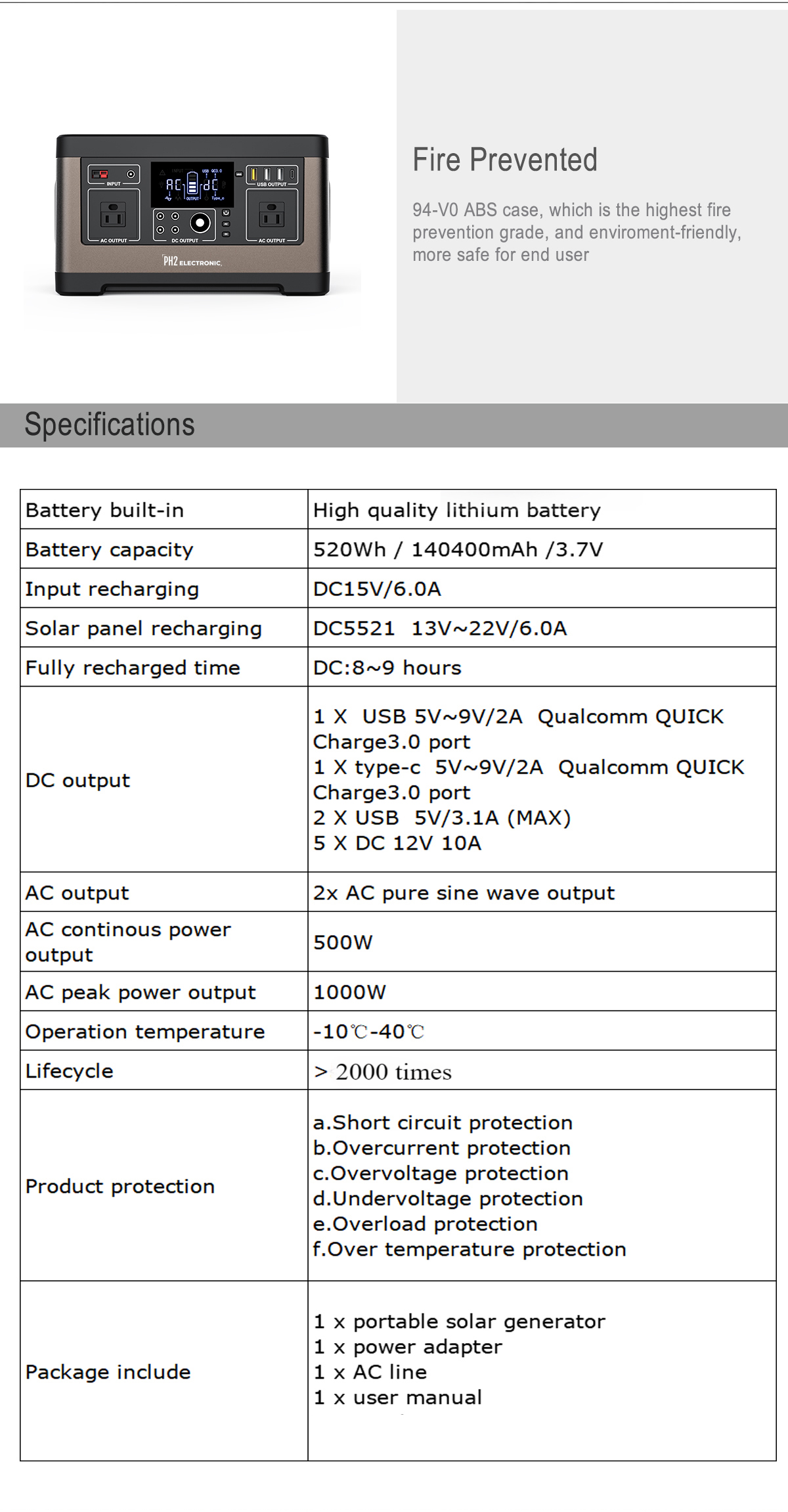 PA5 500W 140400mAh /3.7V/520Wh Portable Power Station Rechargeable Lithium ion battery Solar Power Generator