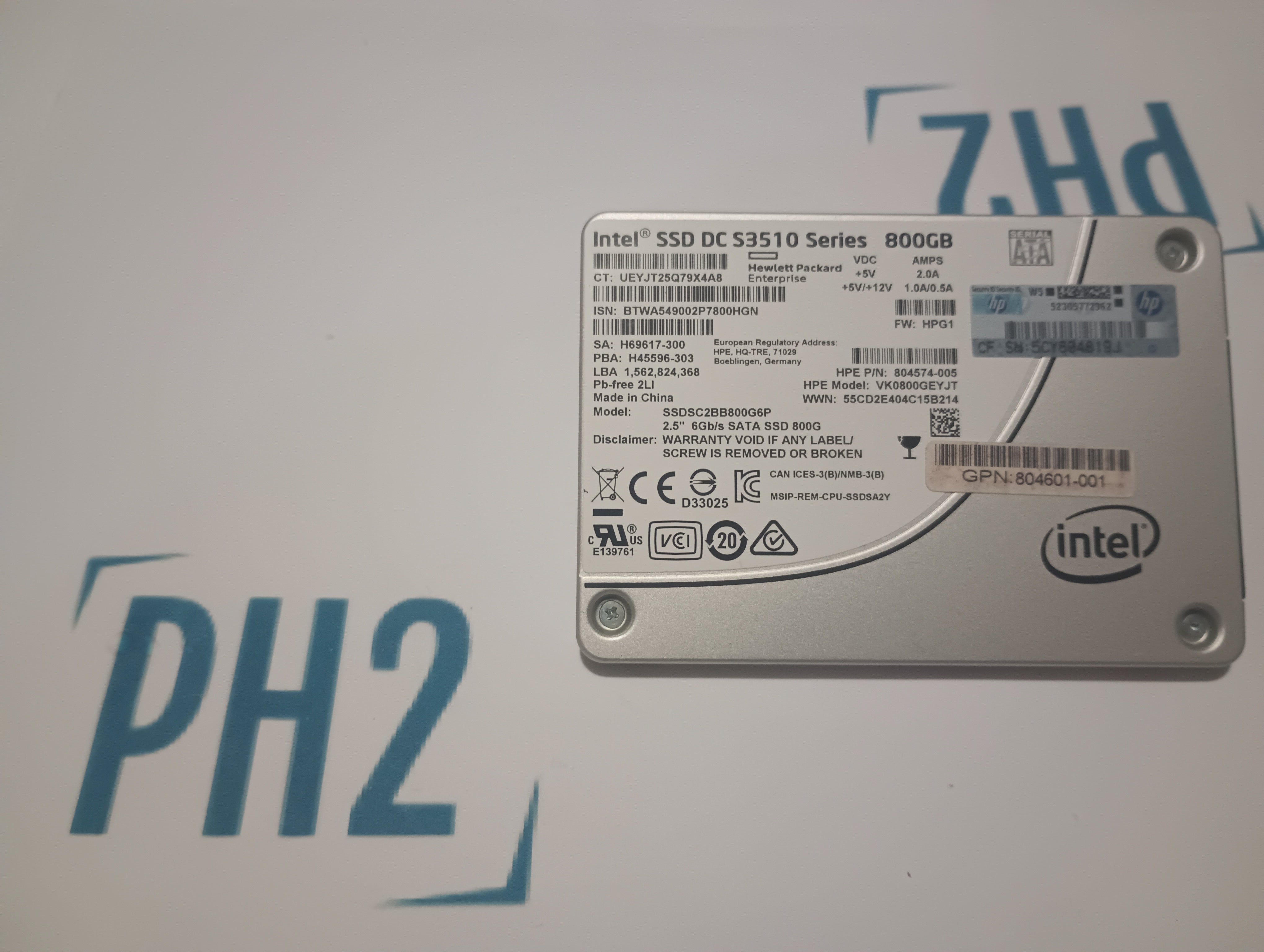 SSDSC2BB800G6P HPE 804574-005 800GB 6Gb/s 2.5" SATA S3510 SERIES SSD NO TRAY