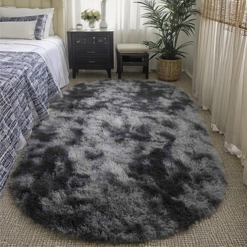 1pc Dark Gray Oval Fluffy Plush Non-slip Carpet 31'' x 62''/ 80x160cm Machine Washable Suitable for Bedrooms, Living Rooms, Cloakrooms, Offices & More living room rug