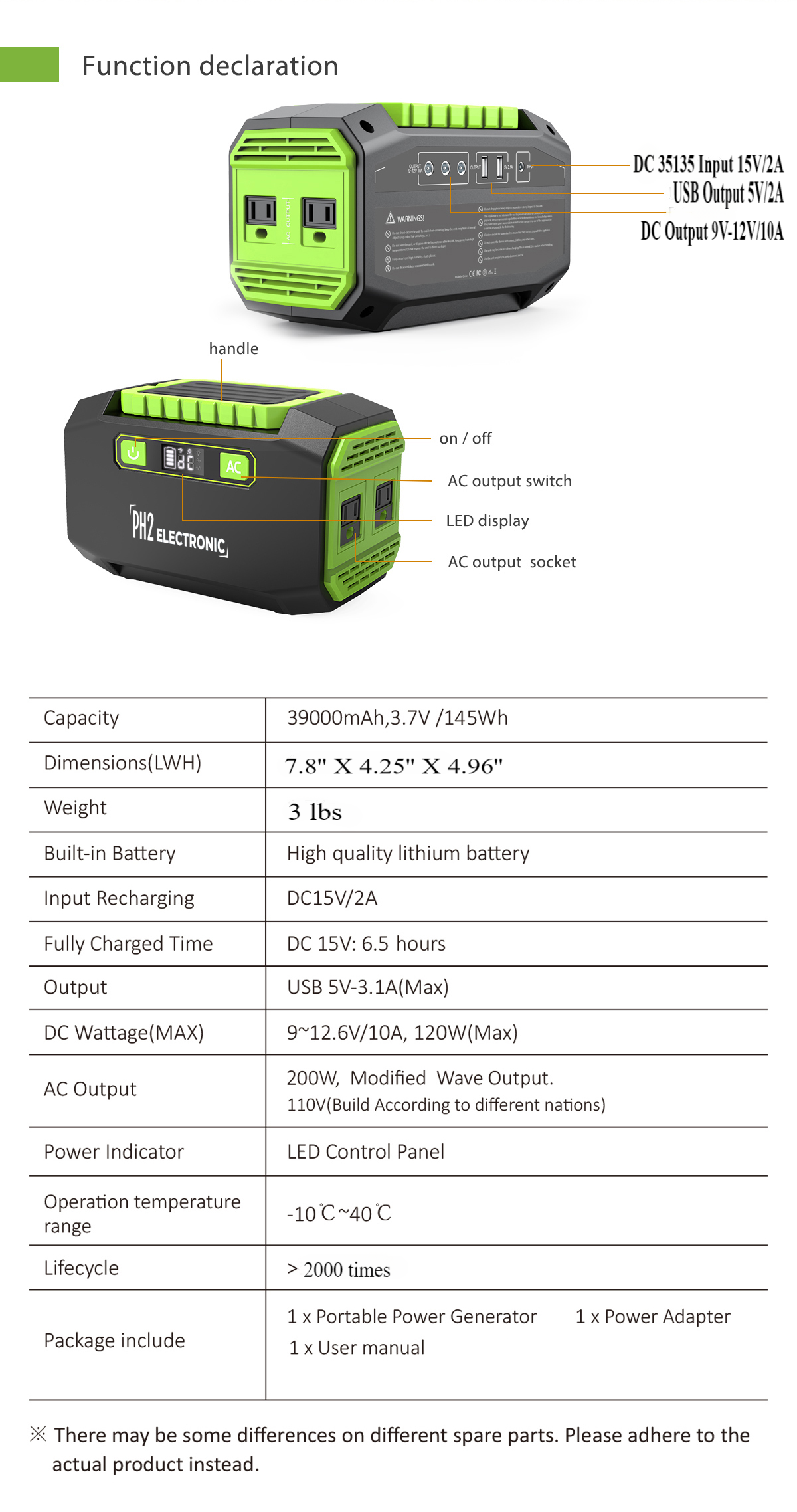 PA1 200W 39000mAh / 3.7V / 145Wh 110V LED Light Portable Solar System Generator Power Station for Home Emergency Outdoor Camp Pure Sine Wave AC Output with 145wh