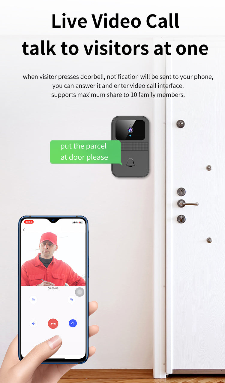 Dry Bettery Smart Wi-Fi Video Doorbell 480P HD PIR Motion + Wireless Chime+ FREE Cloud storage