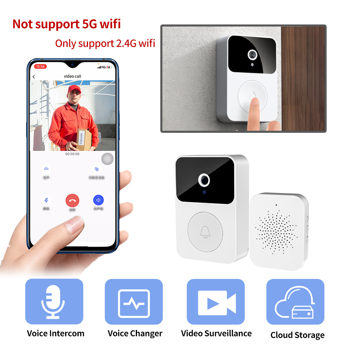 Smart Wi-Fi Video Doorbell X9 480P HD PIR Motion + Wireless Chime + Cloud Save
