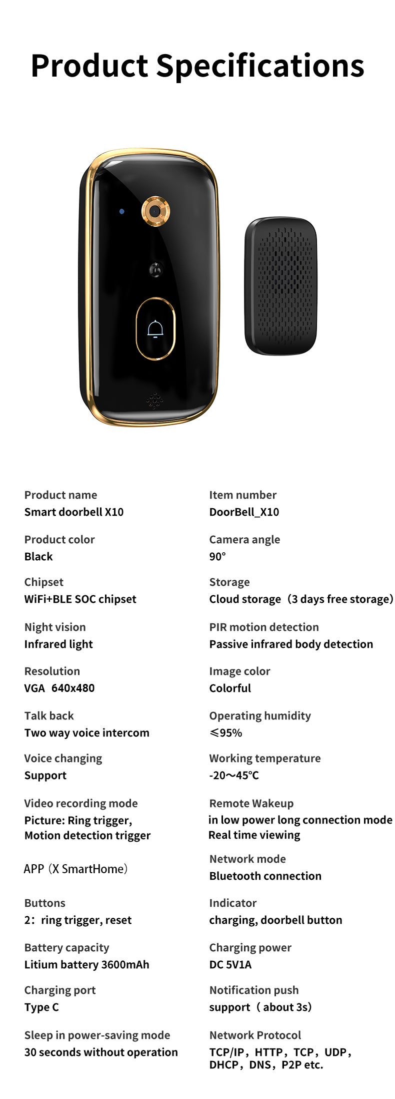 Smart Wi-Fi Video Doorbell X10 480P HD PIR Motion + Wireless Chime + FREE Cloud storage 2.4GHz wifi